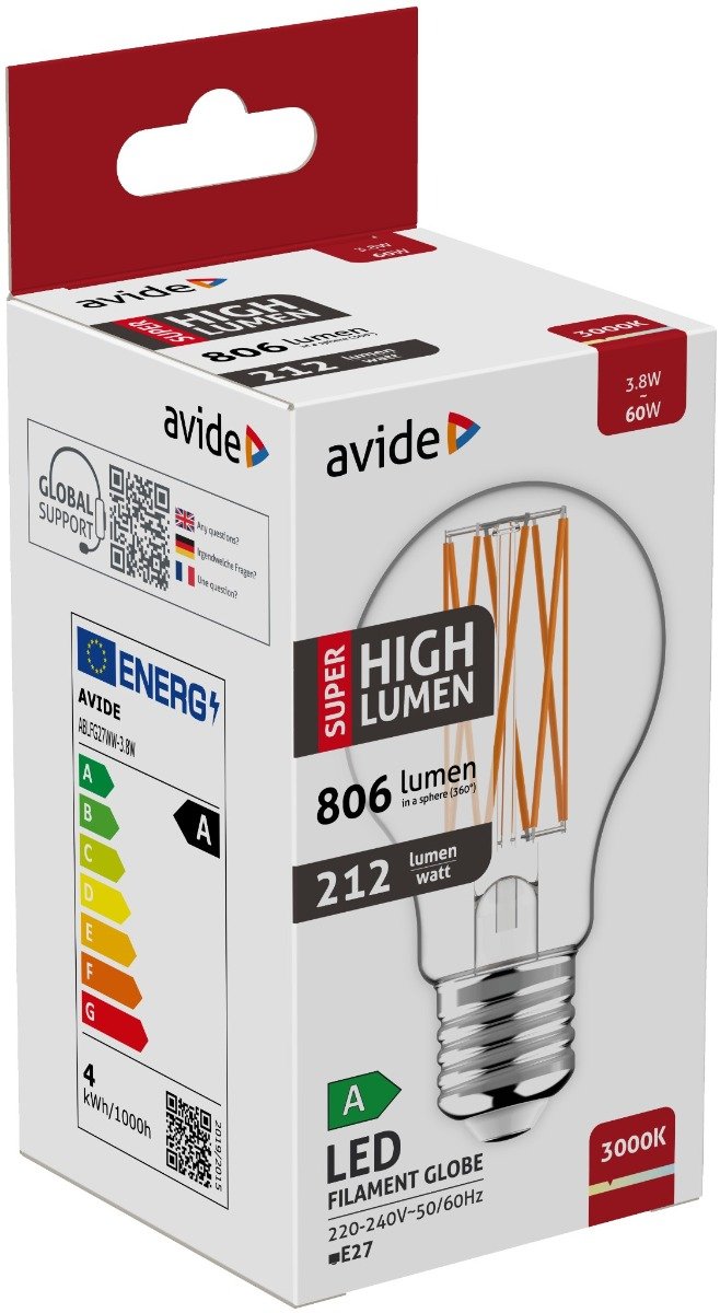 ablfg27ww-38w_avide-led-filament-globe-38w-e27-ww-3000k-super-high-lumen Avide LED Filament Κοινή 3.8W E27 Θερμό 3000K Super Υψηλής Φωτεινότητας (15.001.1049) - Image 1
