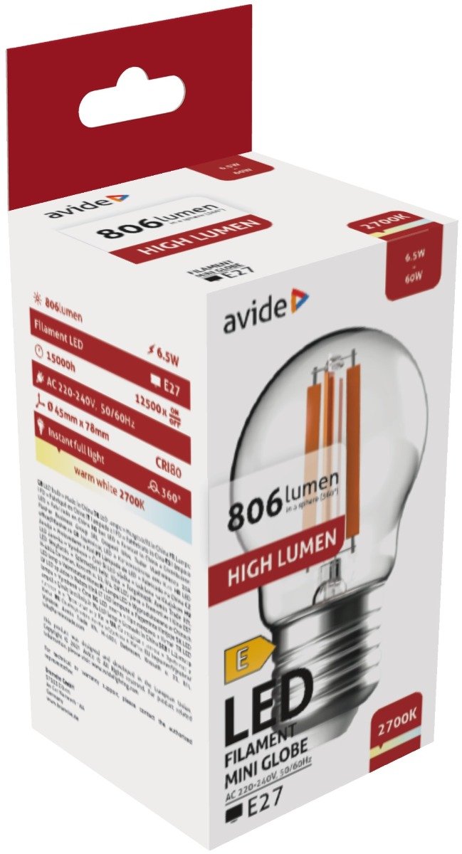 ablfmg27ww-hl-65w_avide-led-filament-mini-globe-65w-e27-ww-2700k-high-lumen Avide LED Filament Σφαιρική 6.5W E27 Θερμό 2700K Υψηλής Φωτεινότητας (15.001.1733) - Image 1