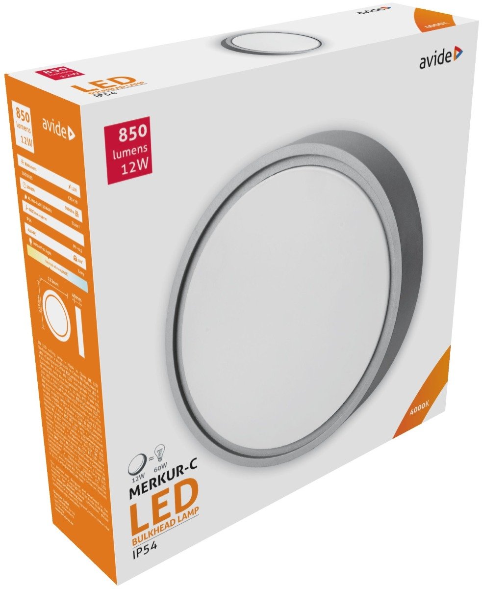merkurc1 Avide Στεγανή Πλαφονιέρα Οροφής IP54 Στρογγυλό (Merkur-C) 12W Λευκό 4000K Γκρί (15.001.0212) - Image 1